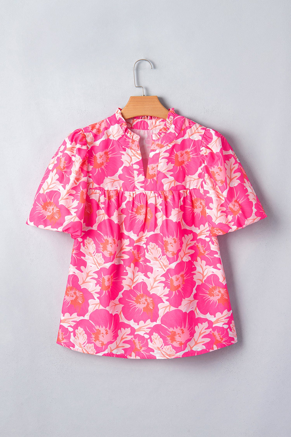 Floral Frilled V-Neck Bubble Sleeve Babydoll Blouse
