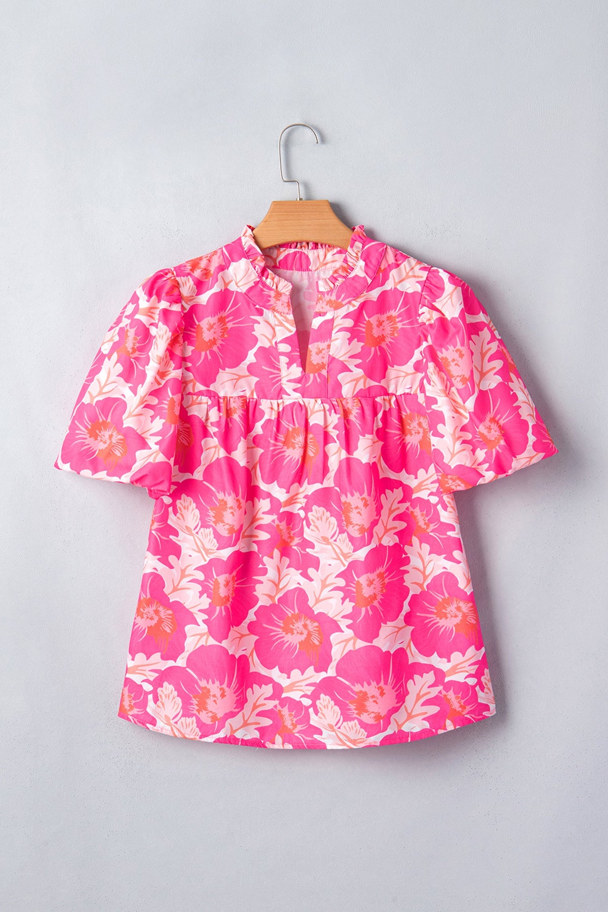 Floral Frilled V-Neck Bubble Sleeve Babydoll Blouse