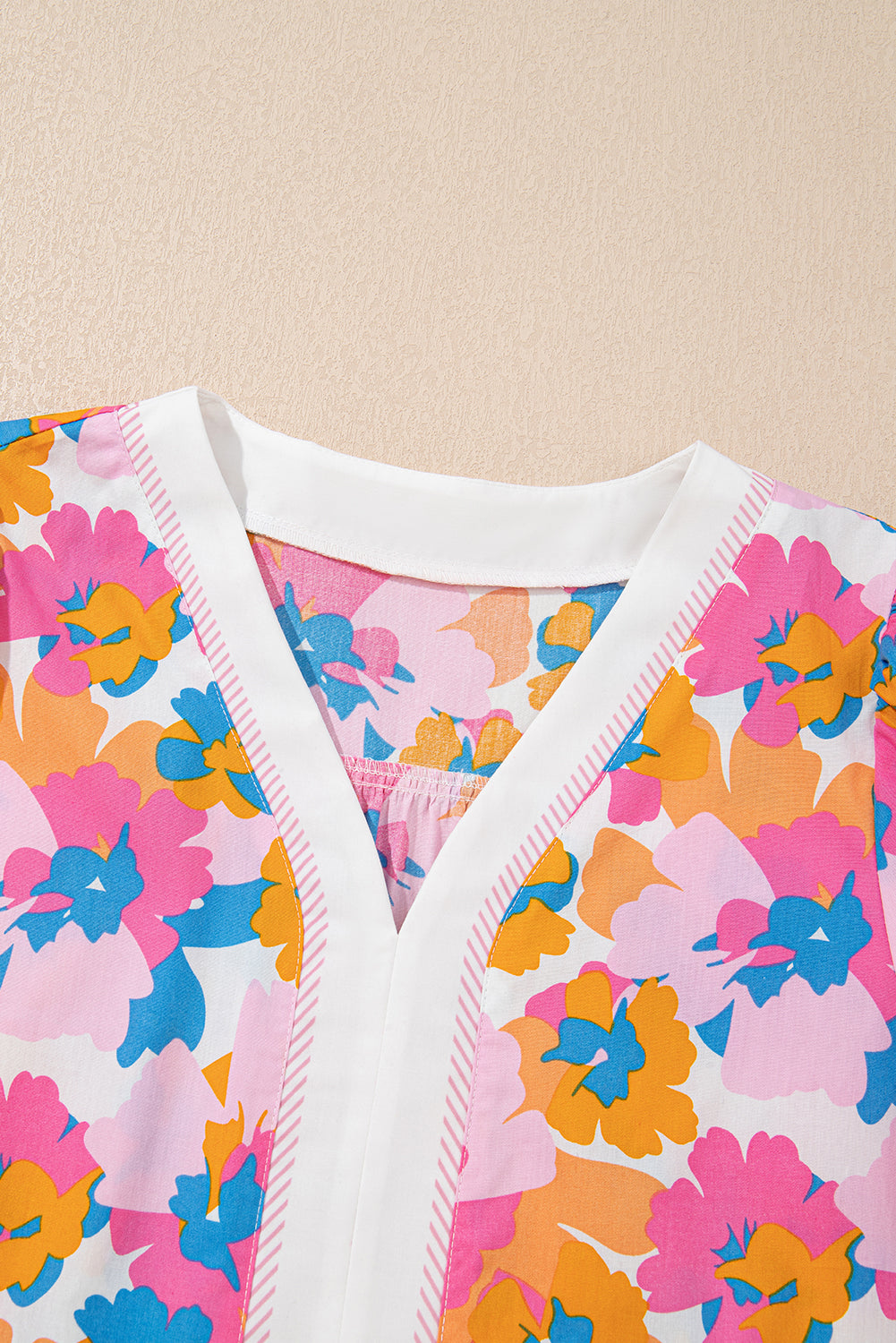 Floral Colorblock Stripe V-Neck Short Sleeve Blouse