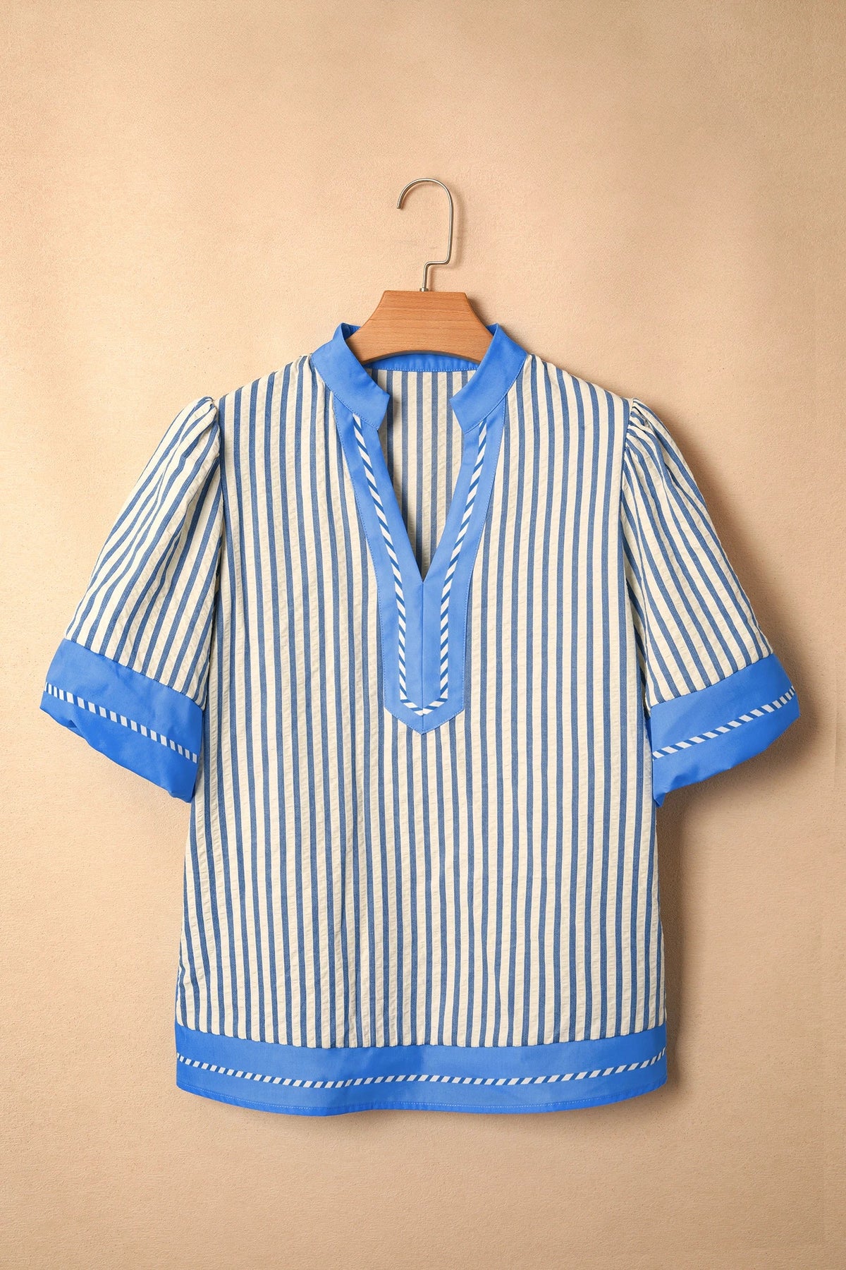 Stripe Colorblock V-Neck Short Sleeve Blouse