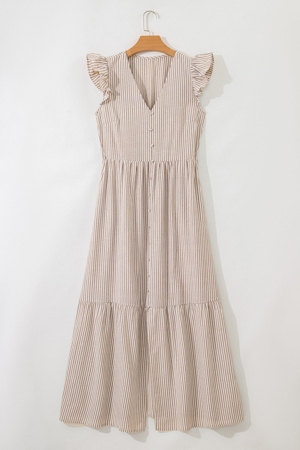 Stripe Flutter Sleeve Buttoned V-Neck Maxi Dress