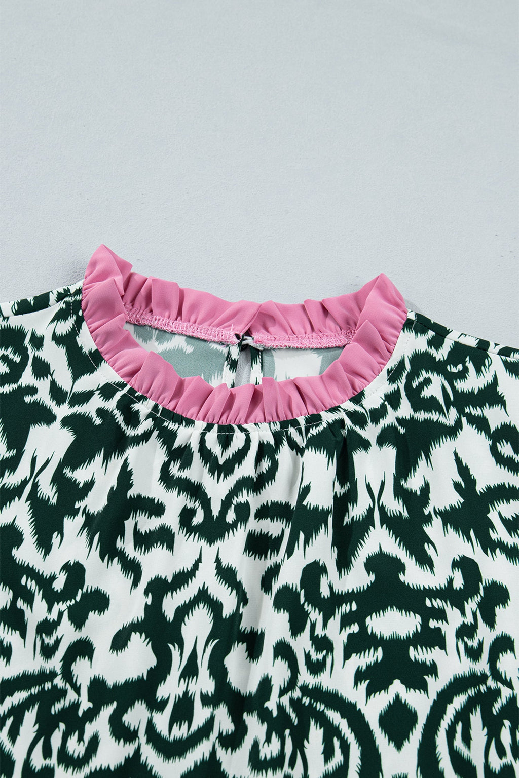 Damask Colorblock Ruffle Trim Short Sleeve Blouse