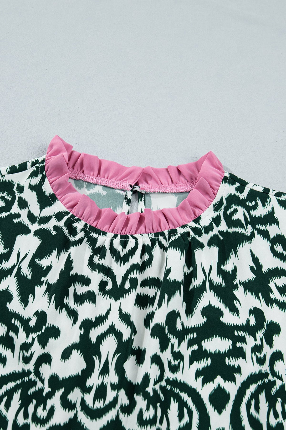 Damask Colorblock Ruffle Trim Short Sleeve Blouse