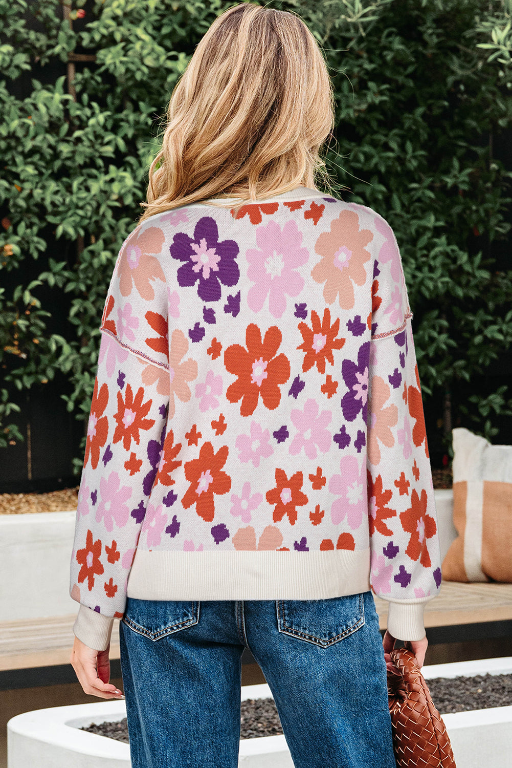 Floral Ribbed Trim Drop Shoulder Sweater