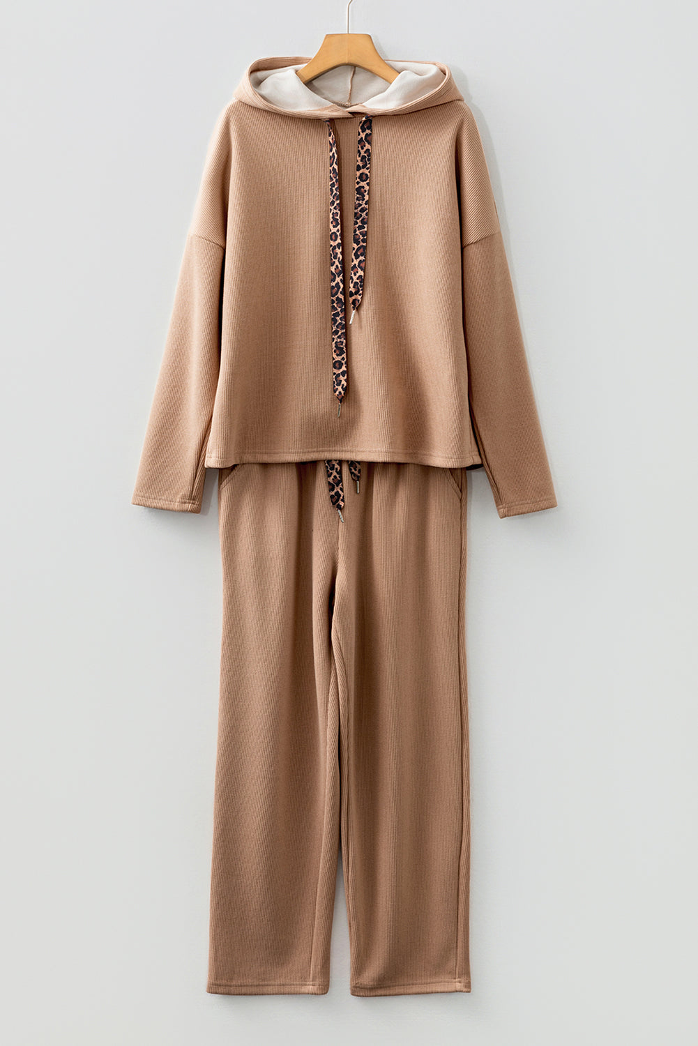 Solid Corduroy Contrast Drawstring Hoodie & Pants Set