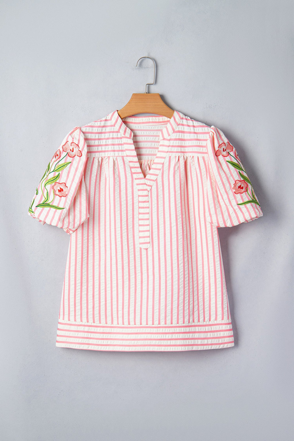 Floral Stripe Embroidered Puff Sleeve V-Neck Blouse