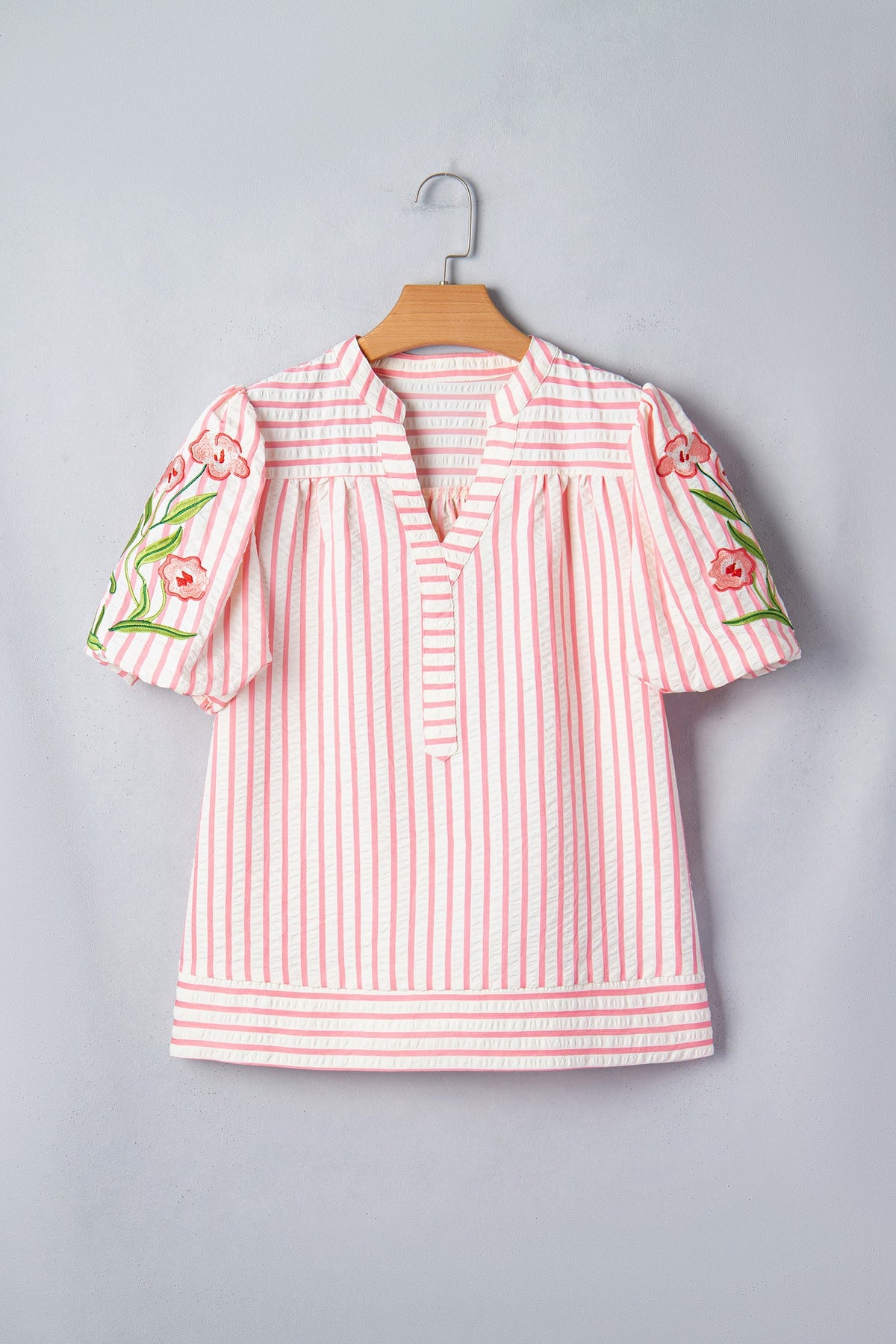 Floral Stripe Embroidered Puff Sleeve V-Neck Blouse