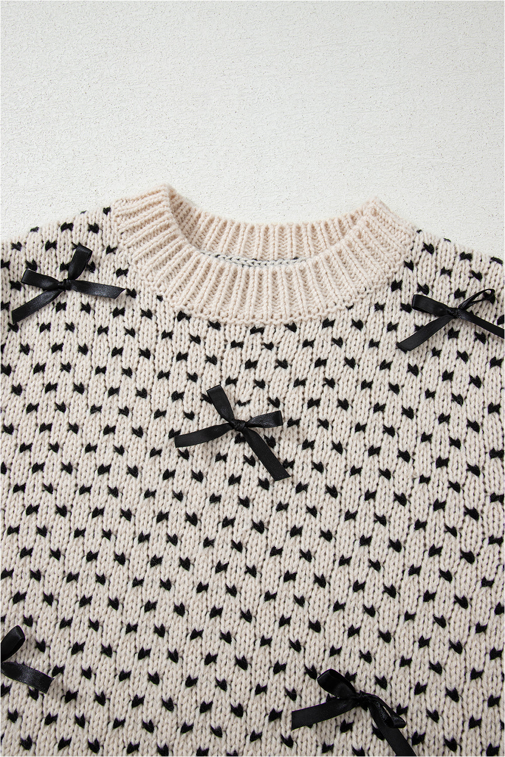 Bow Tie Ribbed Edge Crewneck Long Sleeve Sweater