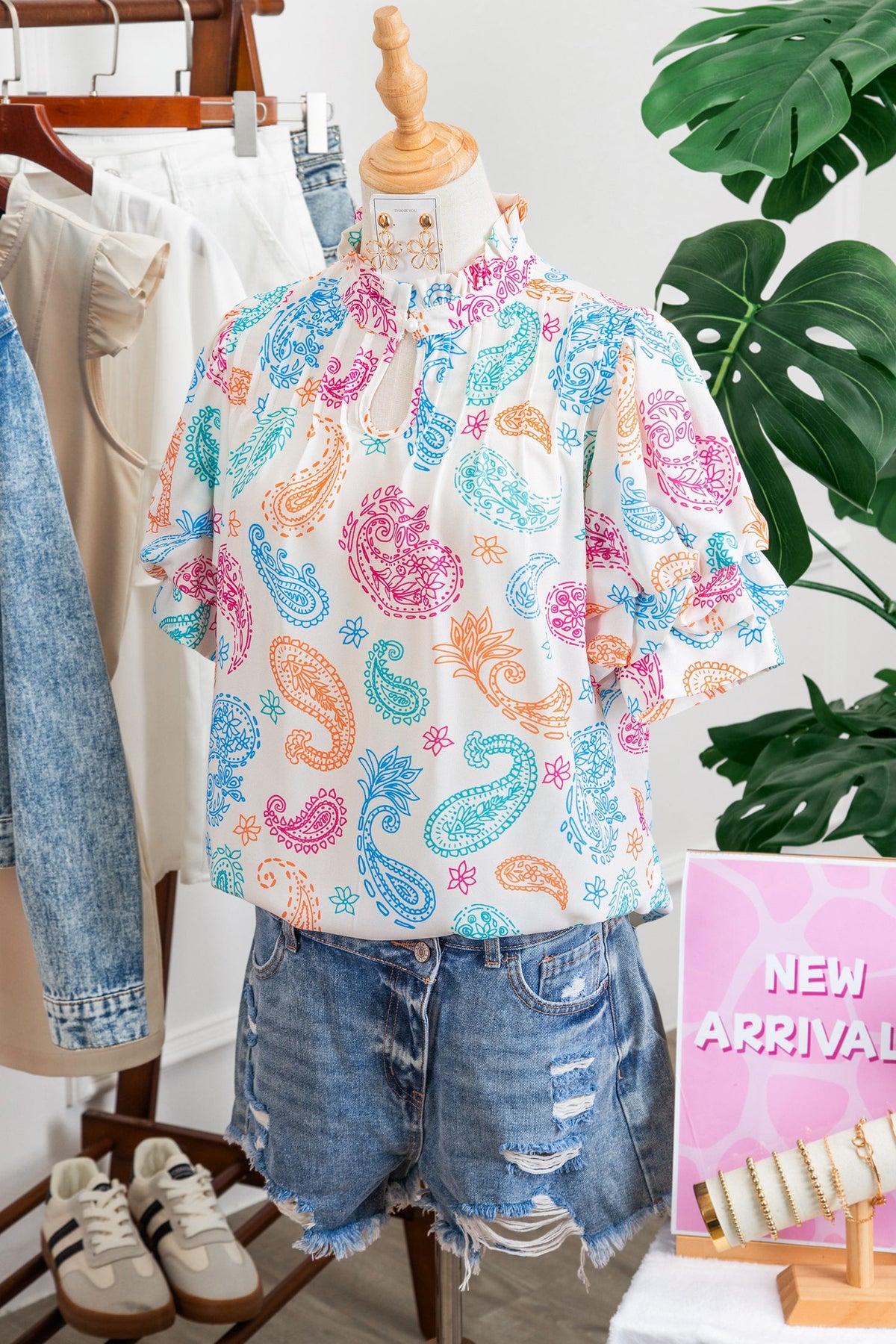 Paisley Button Keyhole Puff Sleeve Blouse