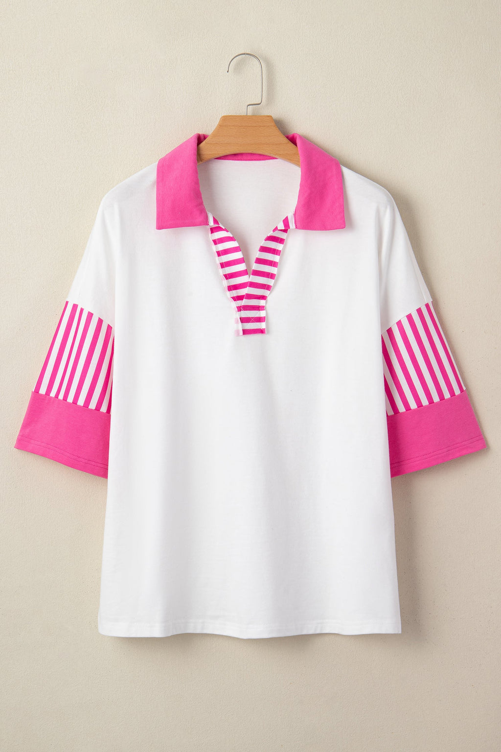 Stripe Coloblock Patchwork Polo Collar 3/4 Sleeve Tee