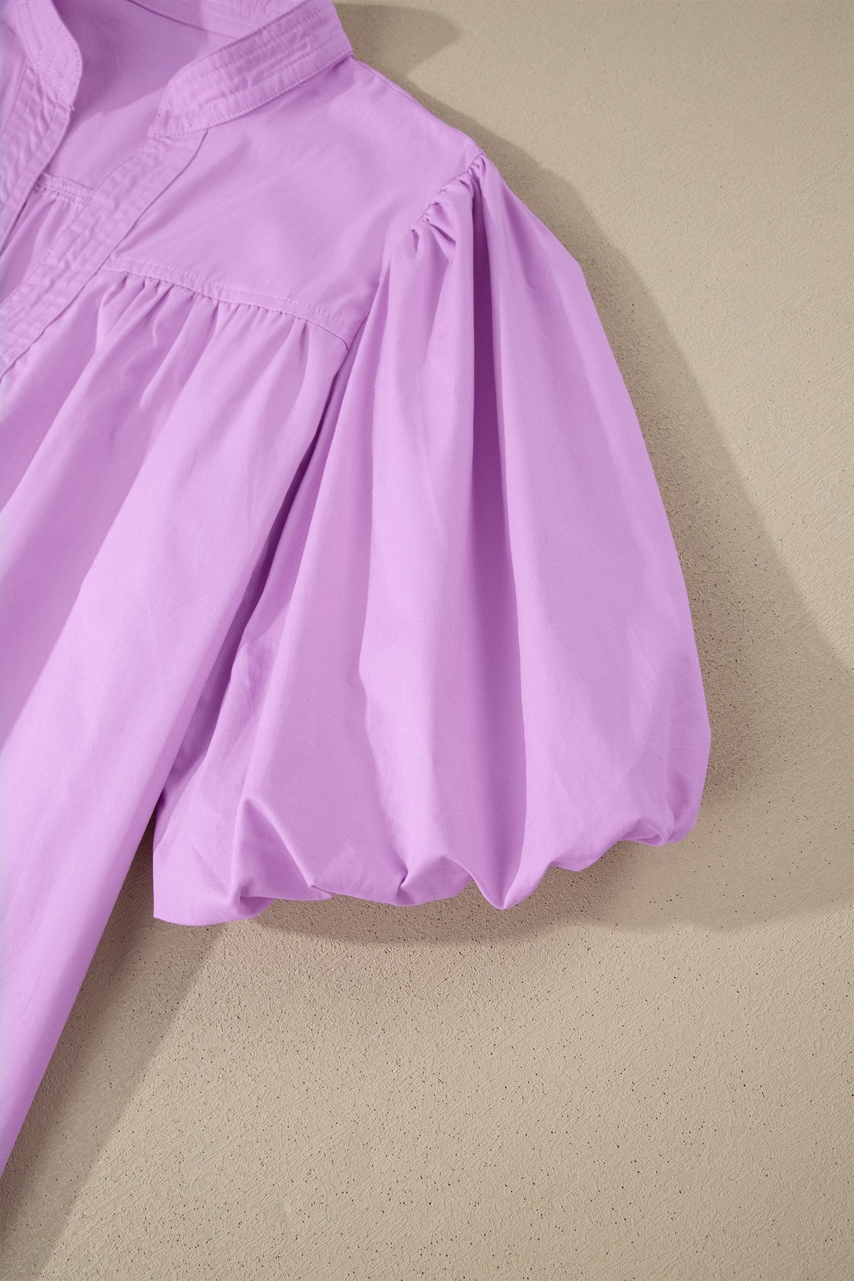 Solid Stitched V-Neck Short Puff Sleeve Blouse