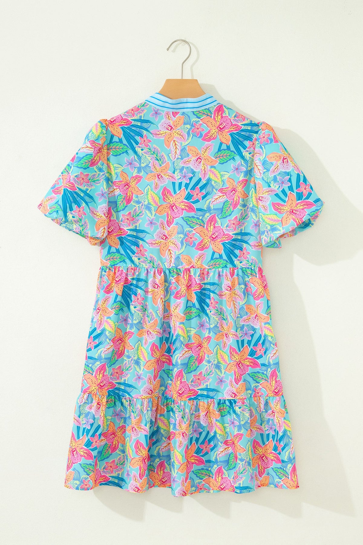 Floral Stripe Scallop Trim V-Neck Tiered Dress