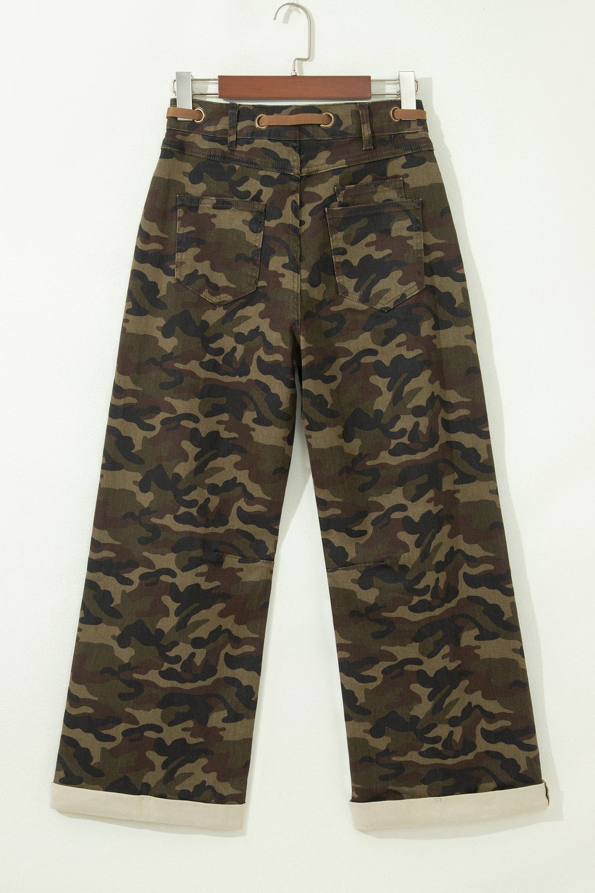 Camo Retro Grommet Tie Waist Loose Jeans