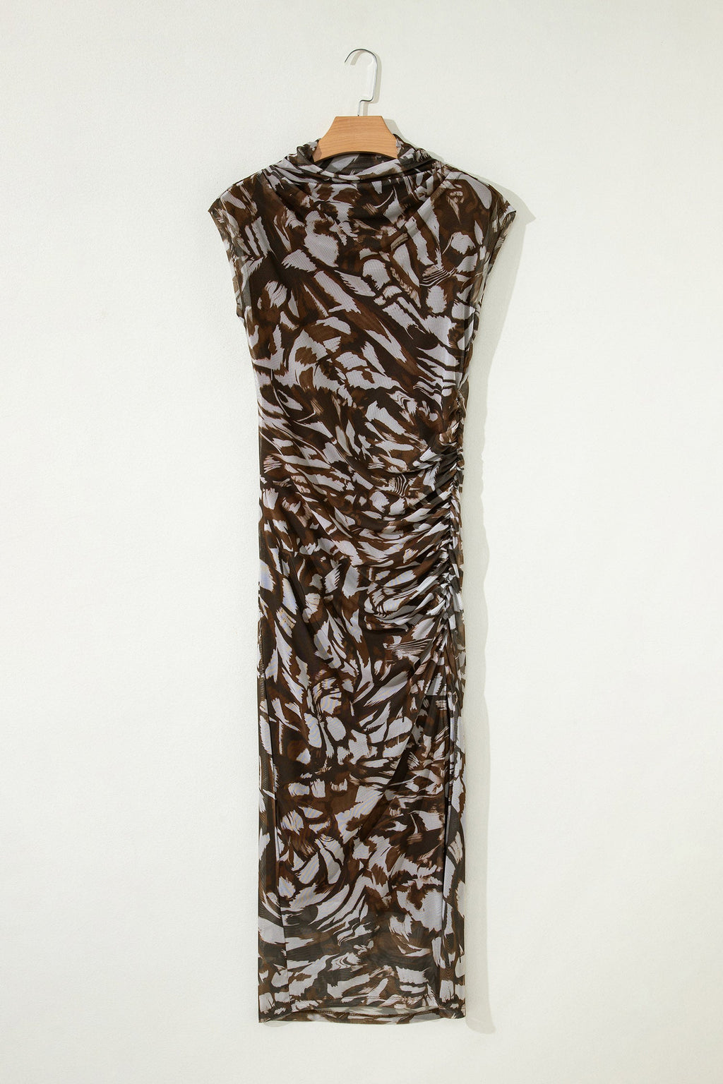 Abstract Mesh Cowl Neck Ruched Slit Midi Dress