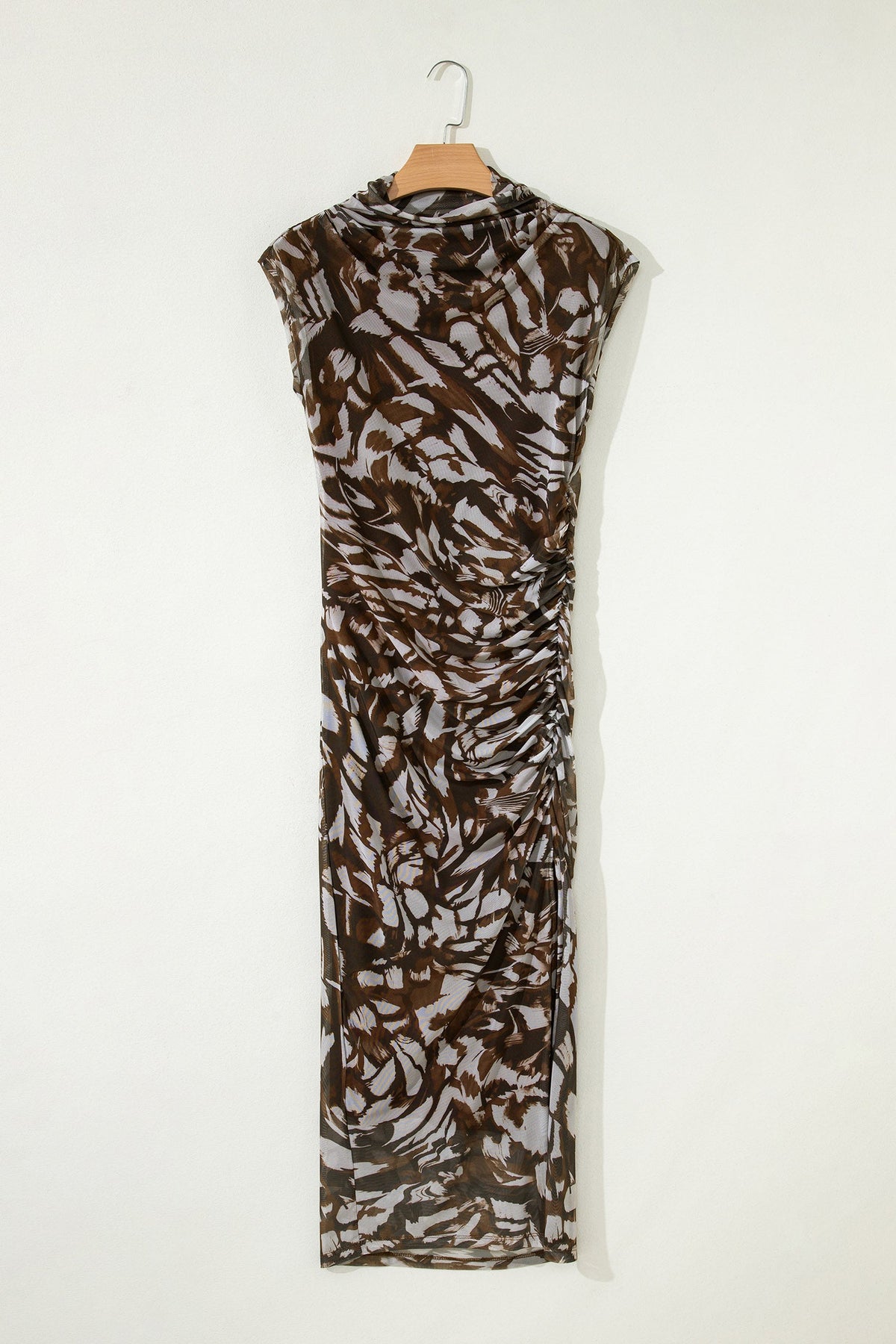 Abstract Mesh Cowl Neck Ruched Slit Midi Dress