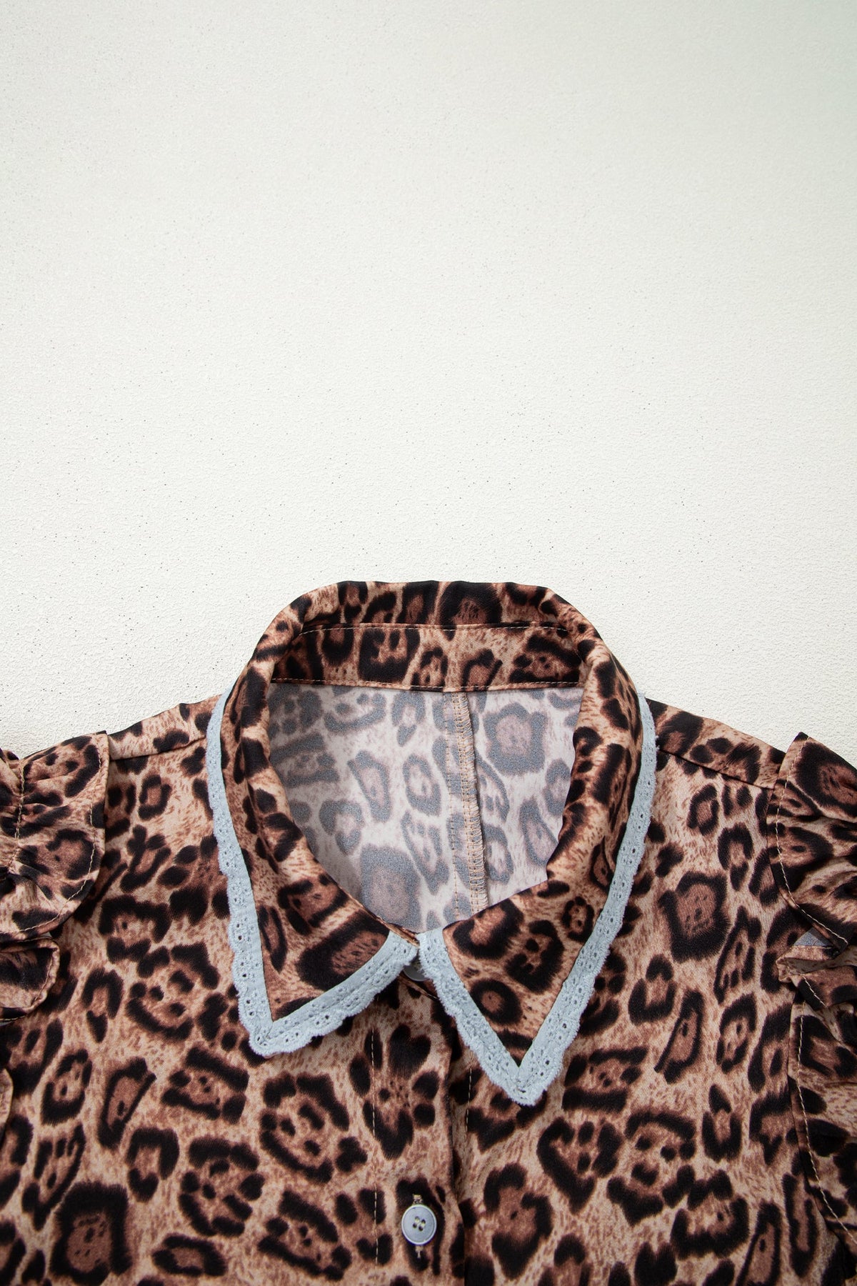 Leopard Lace Trim Collar Button Down Mini Dress