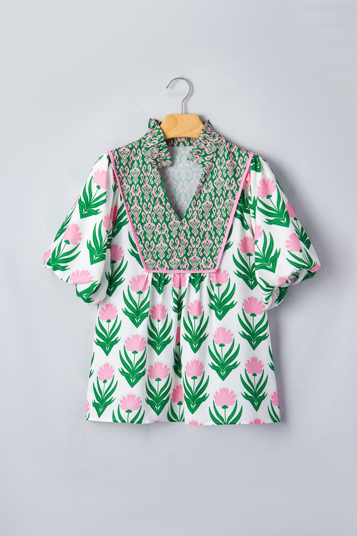 Floral Puff Sleeve Contrast V-Neck Blouse