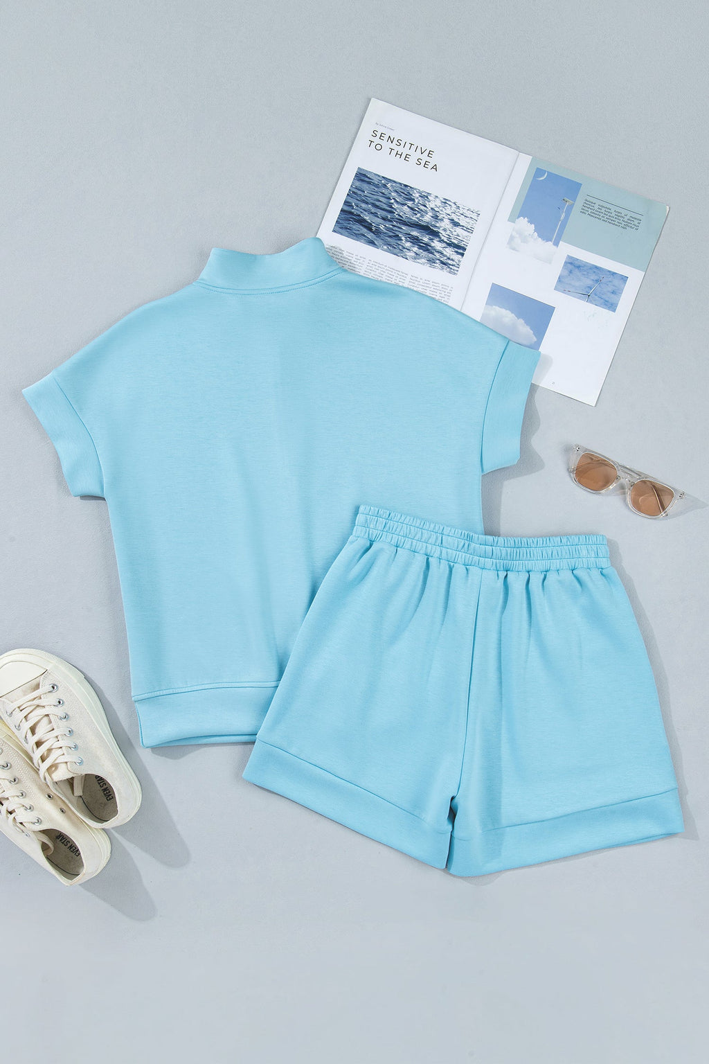 Solid Half Zip Tee & Shorts Athleisure Set