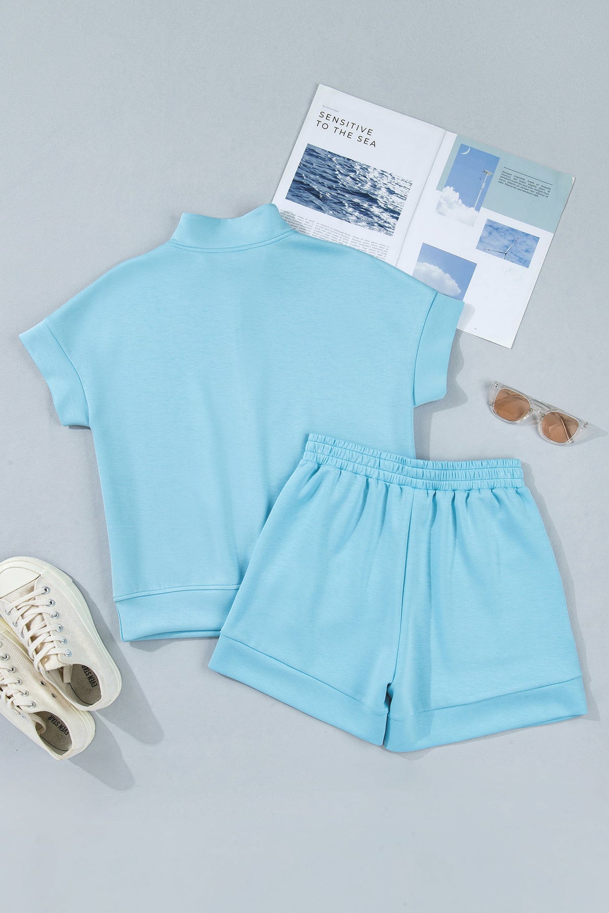 Solid Half Zip Tee & Shorts Athleisure Set