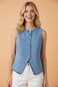 Solid Denim Buttoned Front Slit Vest