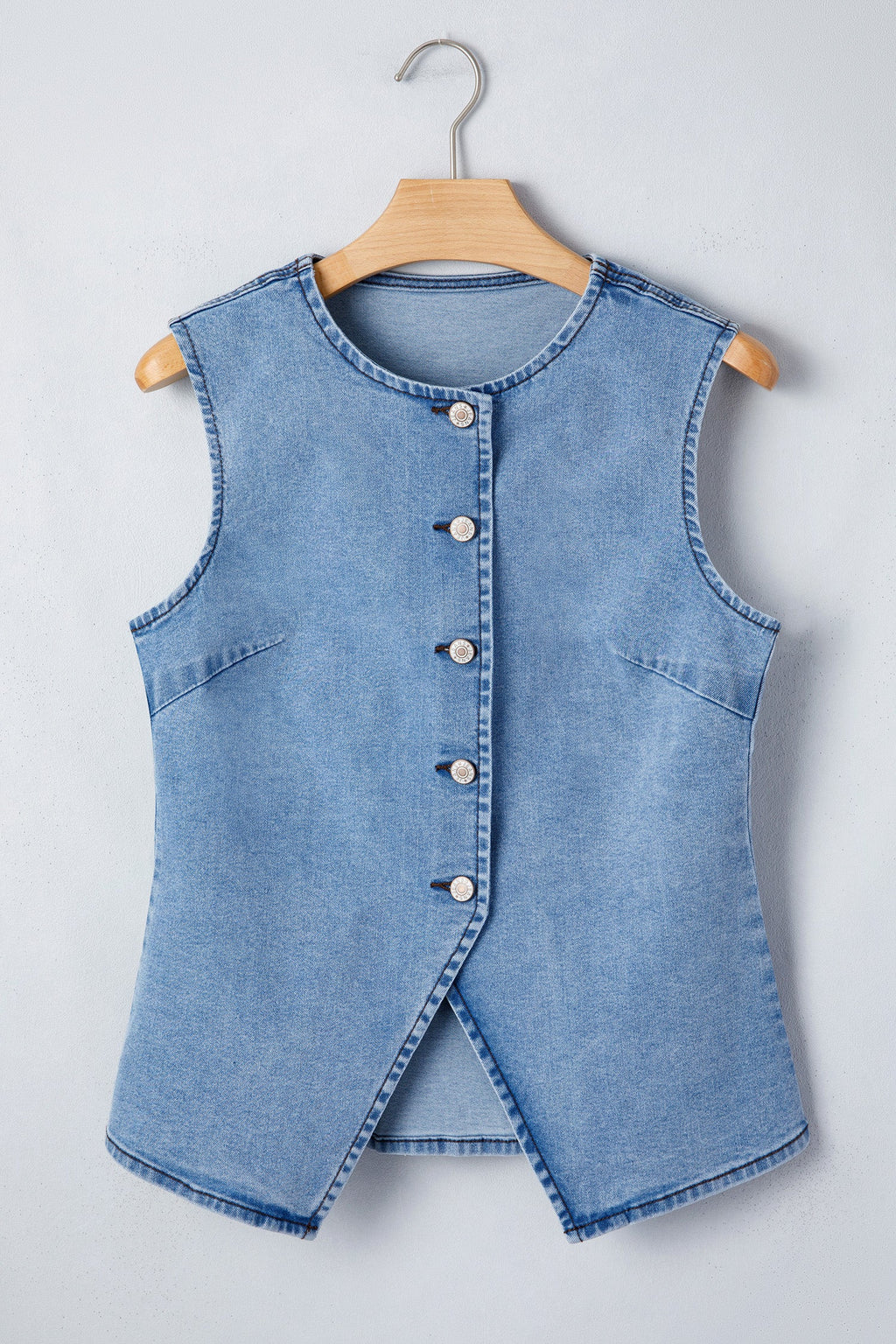 Solid Denim Buttoned Front Slit Vest