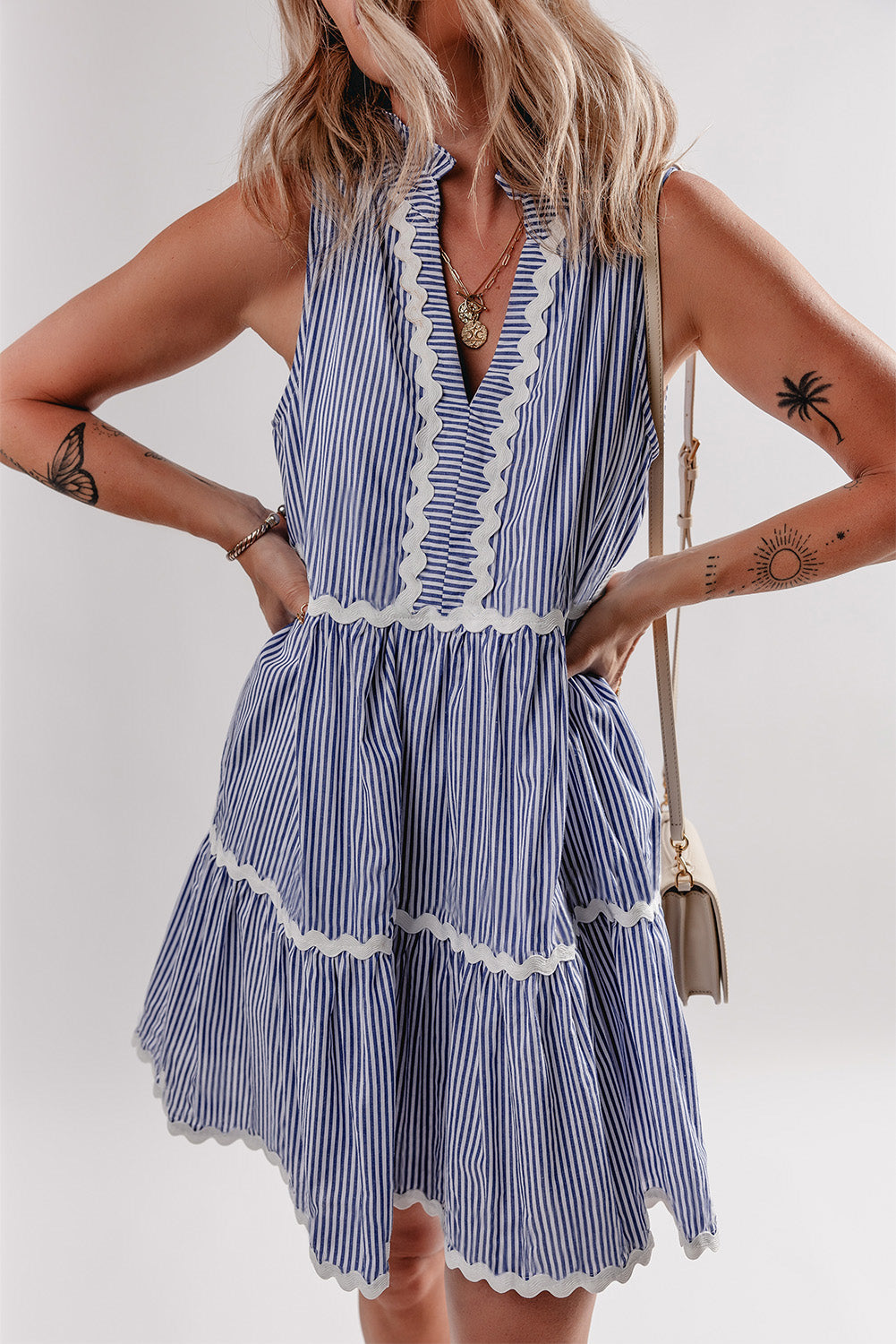 Stripe Sleeveless Contrast Ricrac Trim Mini Dress