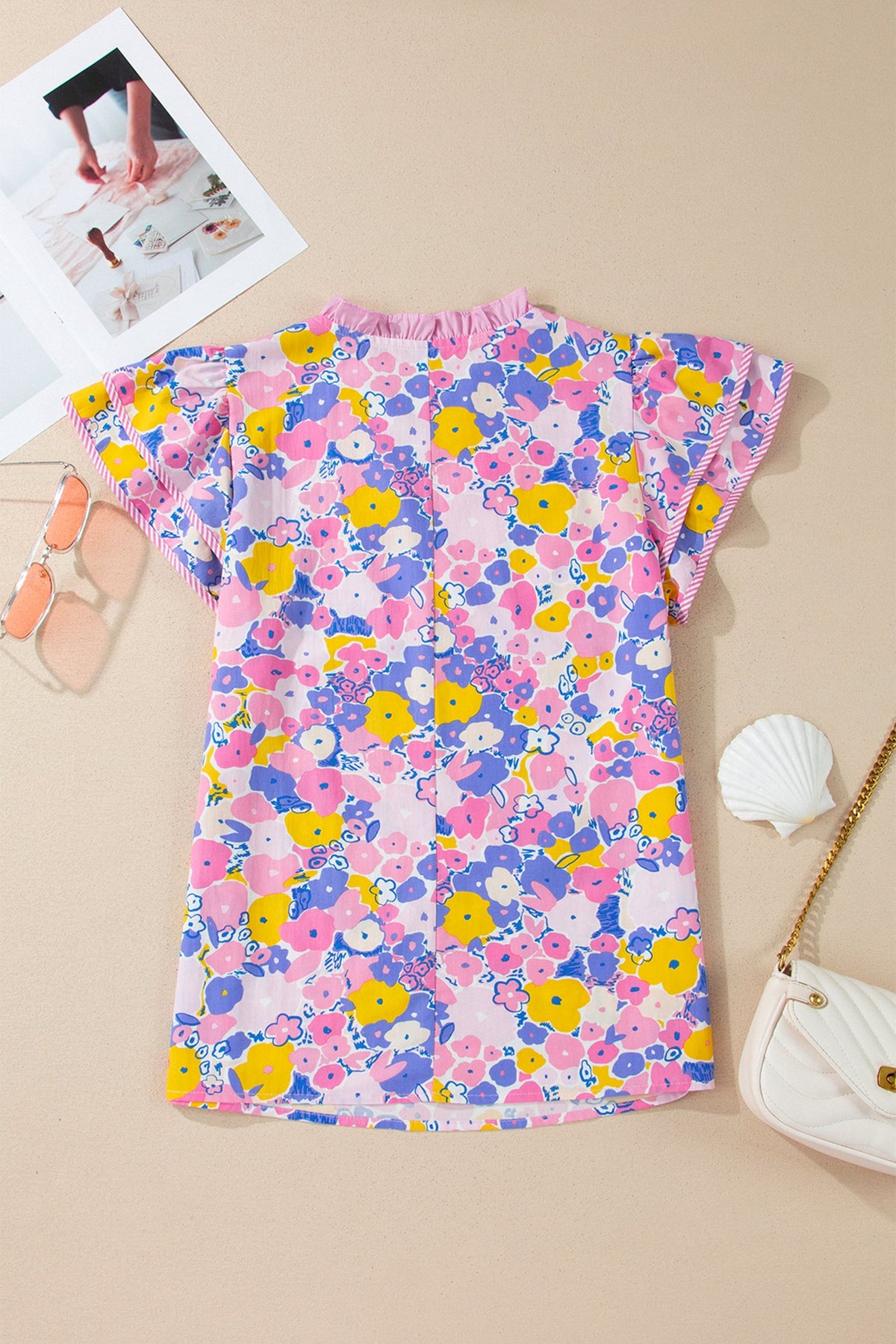 Floral Stripe Colorblock Flutter Sleeve Blouse