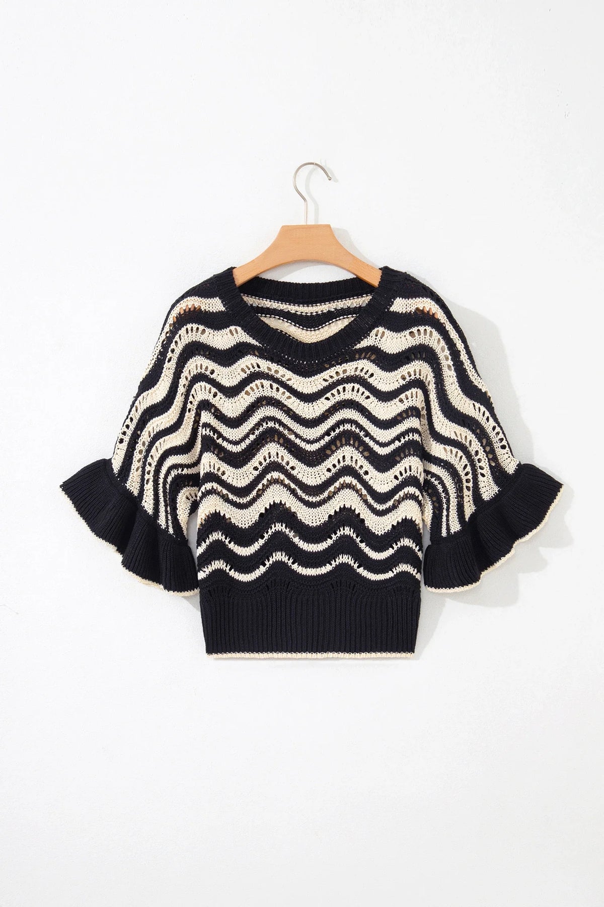 Wavy Stripe Ruffle 3/4 Sleeve Crochet Sweater