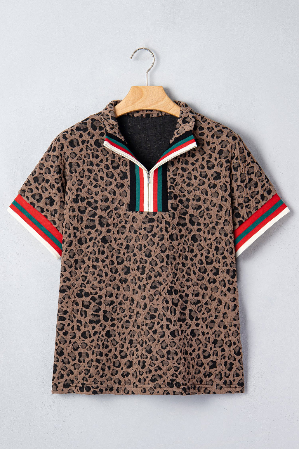 Leopard Stripe Patchwork Half Zip Collared Blouse
