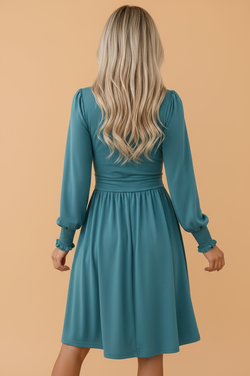 Solid Shirred Cuff Long Sleeve Buttoned Mini Dress