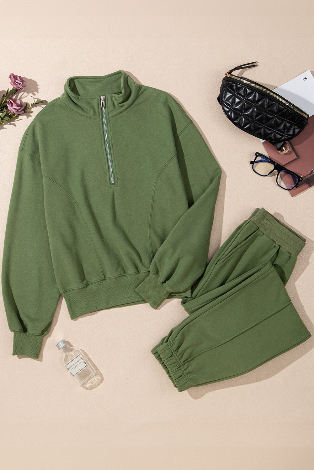 Solid Half Zip Pullover Top and Joggers Set