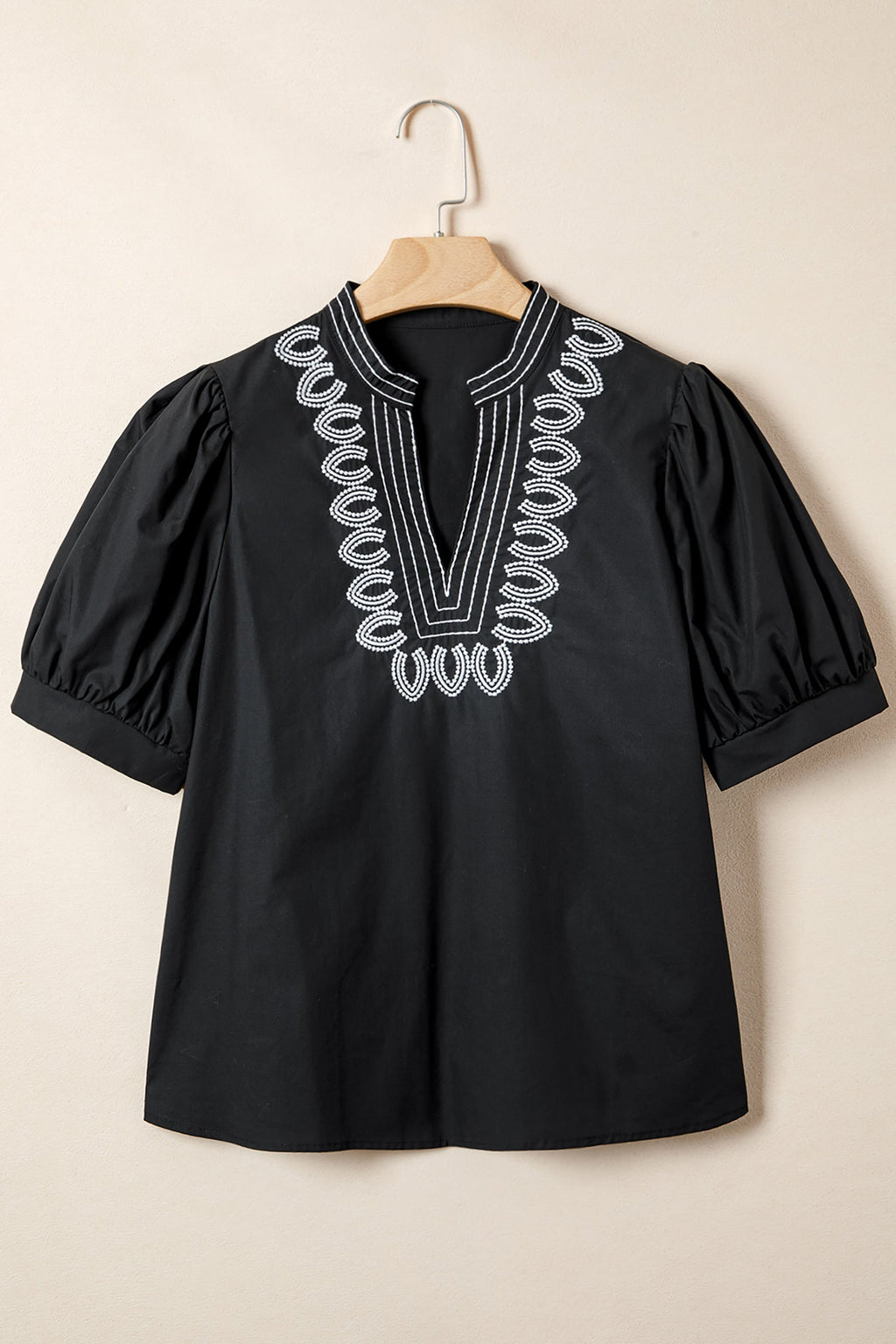 Embroidered V-Neck Short Puff Sleeve Blouse