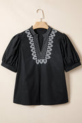 Embroidered V-Neck Short Puff Sleeve Blouse