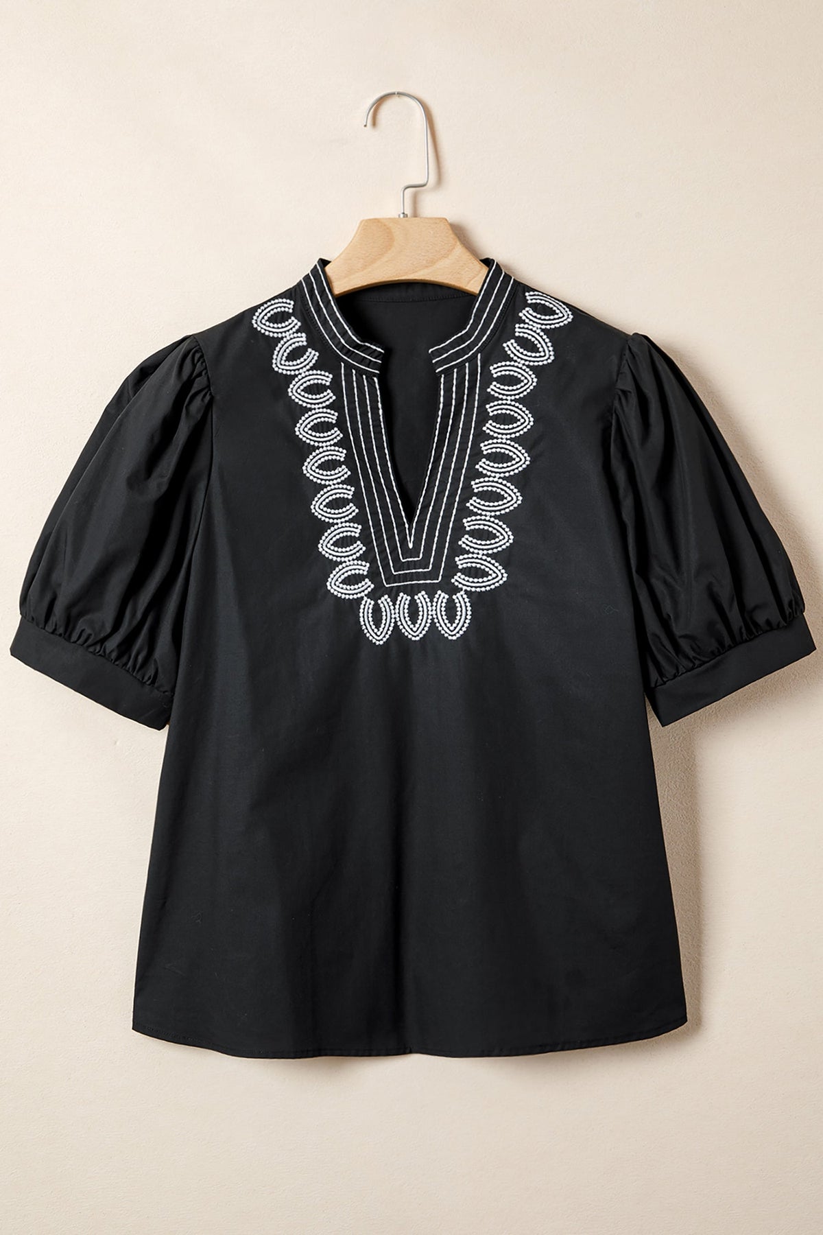 Embroidered V-Neck Short Puff Sleeve Blouse