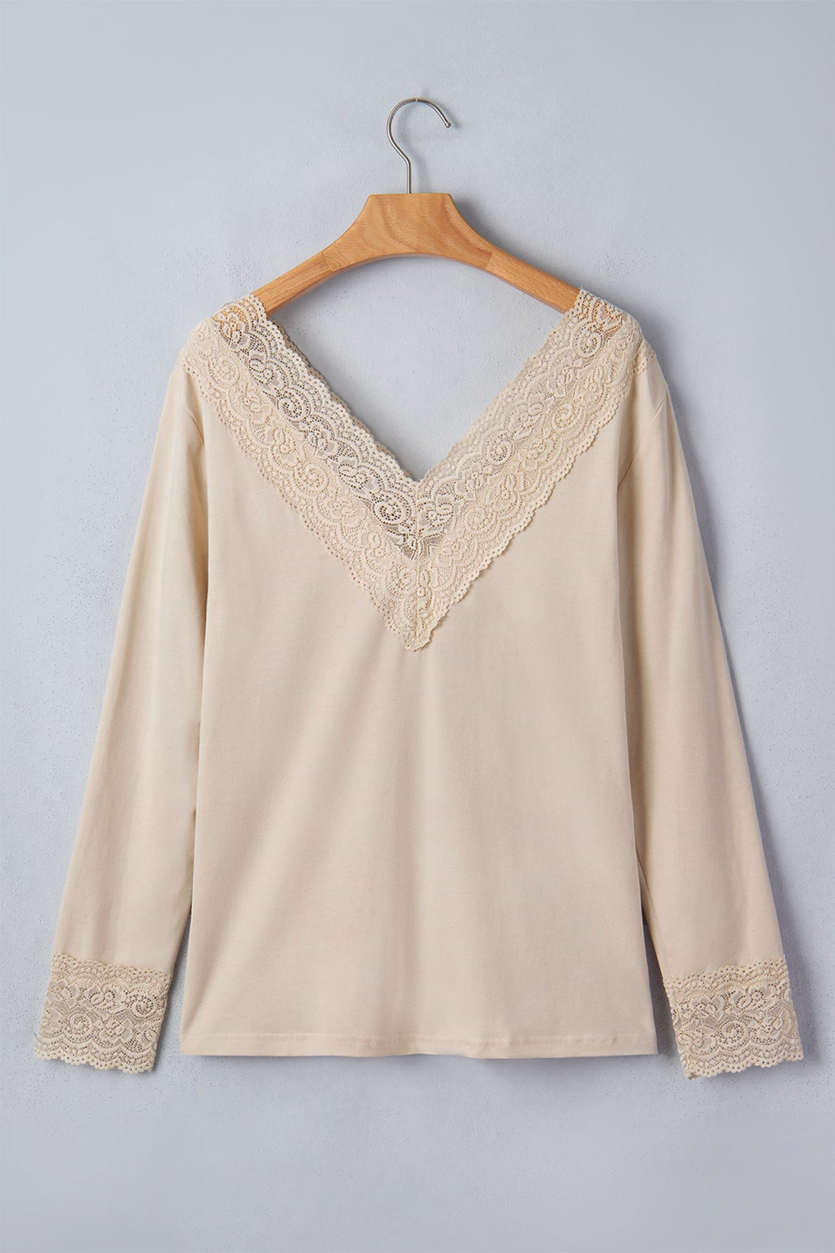 Lace Trim V-Neck Patchwork Long Sleeve Top