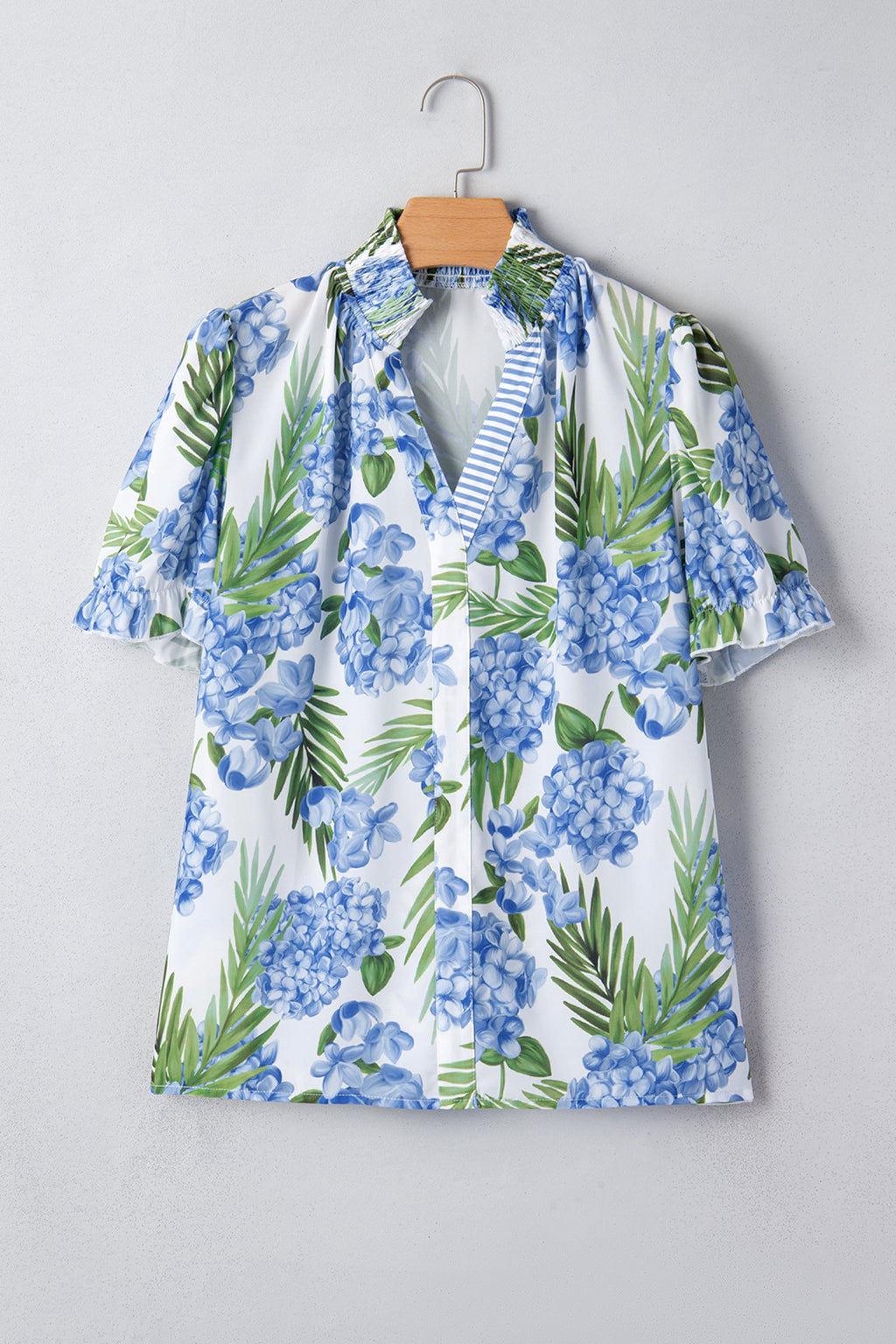 Floral Palm Stripe Patchwork V-Neck Short Sleeve Blouse