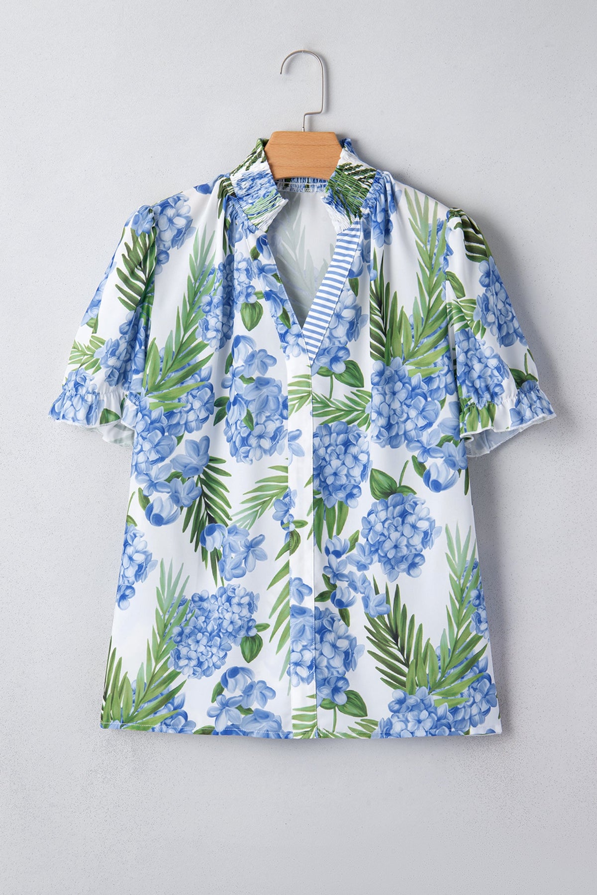 Floral Palm Stripe Patchwork V-Neck Short Sleeve Blouse