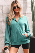 Solid Half-Zip Kangaroo Pocket Baggy Hoodie