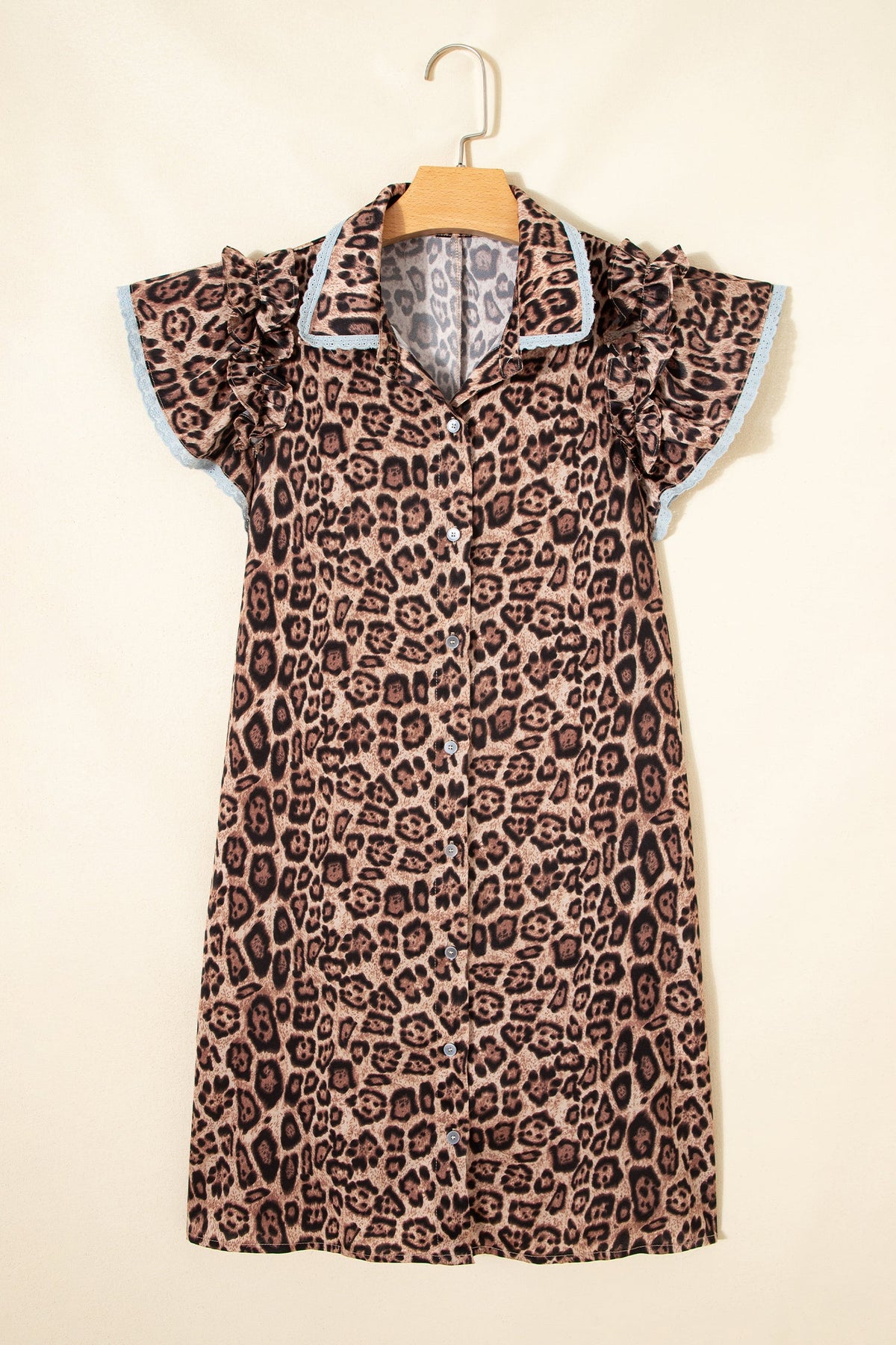 Leopard Lace Trim Collar Button Down Mini Dress