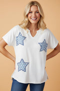 USA Star Patchwork Mineral Wash Notched Neck Tee