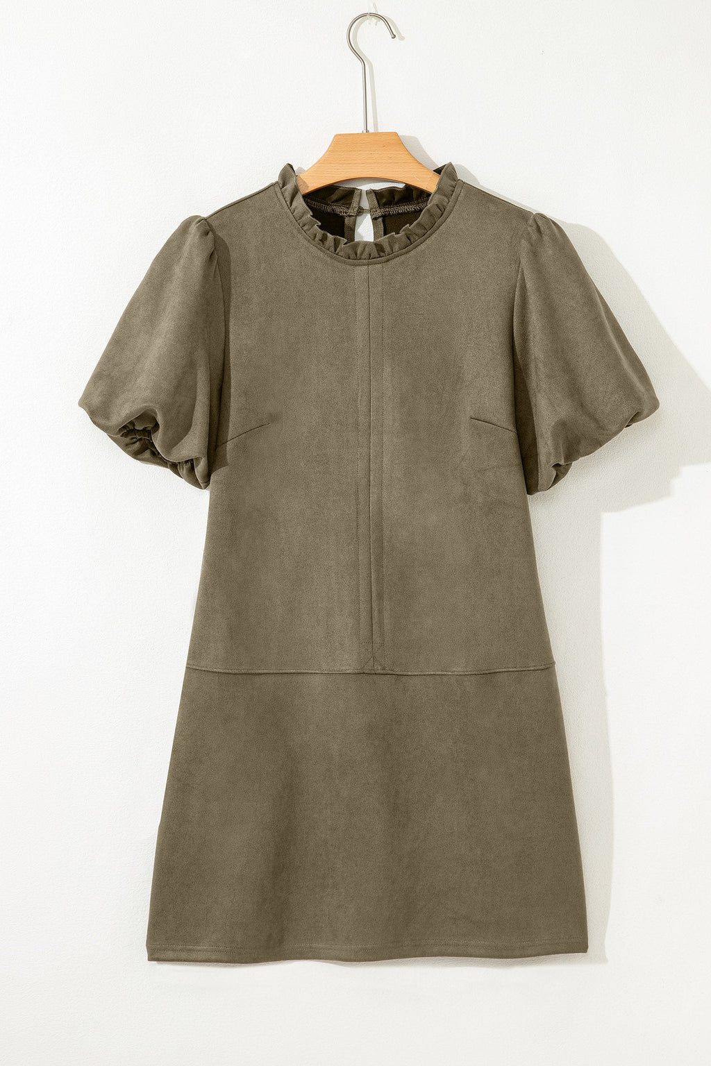 Frilled Round Neck Puff Sleeve Mini Dress
