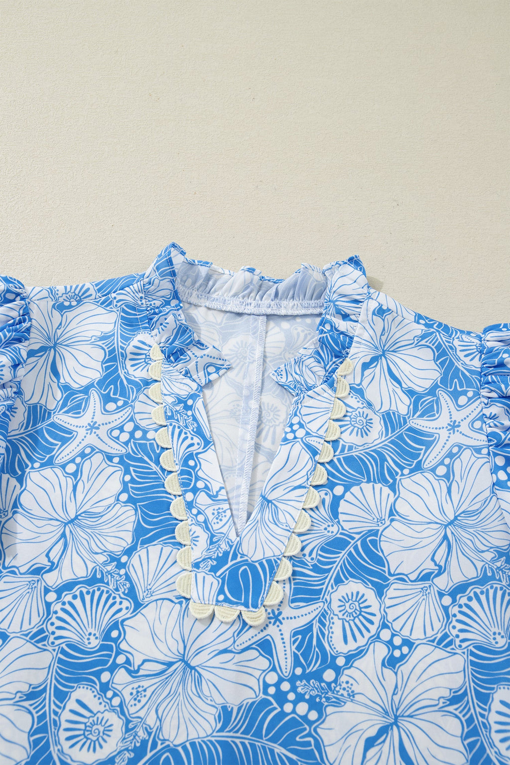 Oceanic Floral Scalloped Trim V-Neck Short Sleeve Blouse