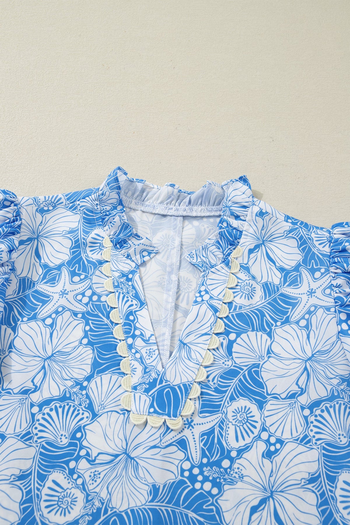 Oceanic Floral Scalloped Trim V-Neck Short Sleeve Blouse