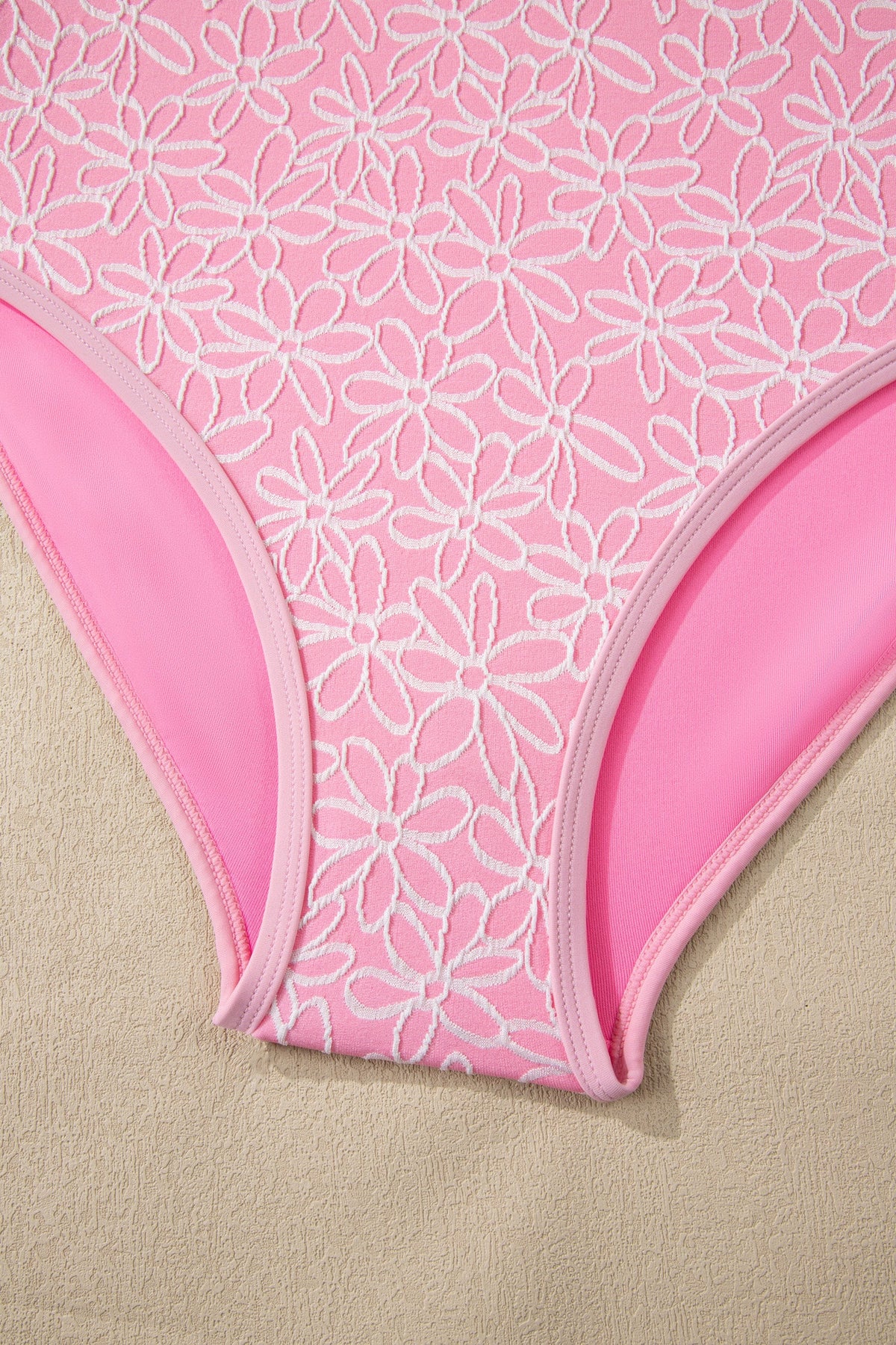 Pink Corded Flower Texture Spaghetti Straps Halterneck One Piece Swimsuit