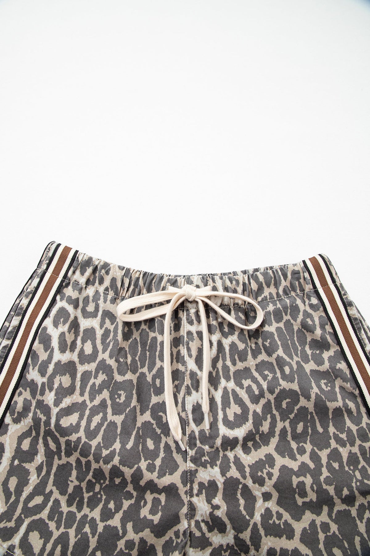 Leopard Stripe Detail Drawstring Denim Shorts
