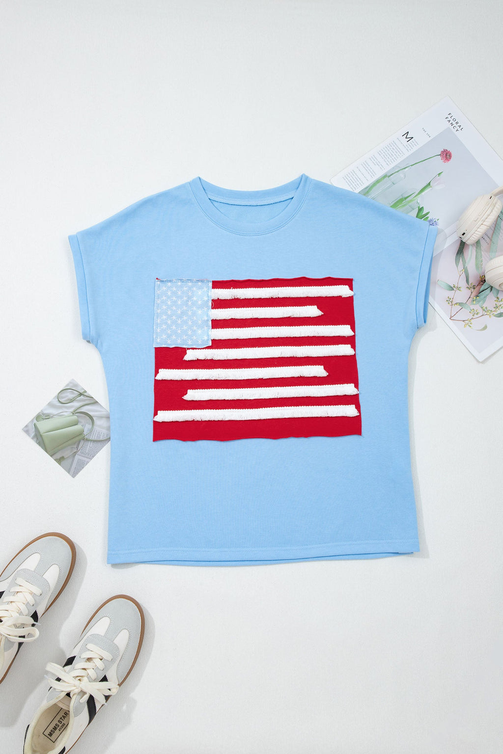 USA Flag Textured Patchwork Cap Sleeve Tee
