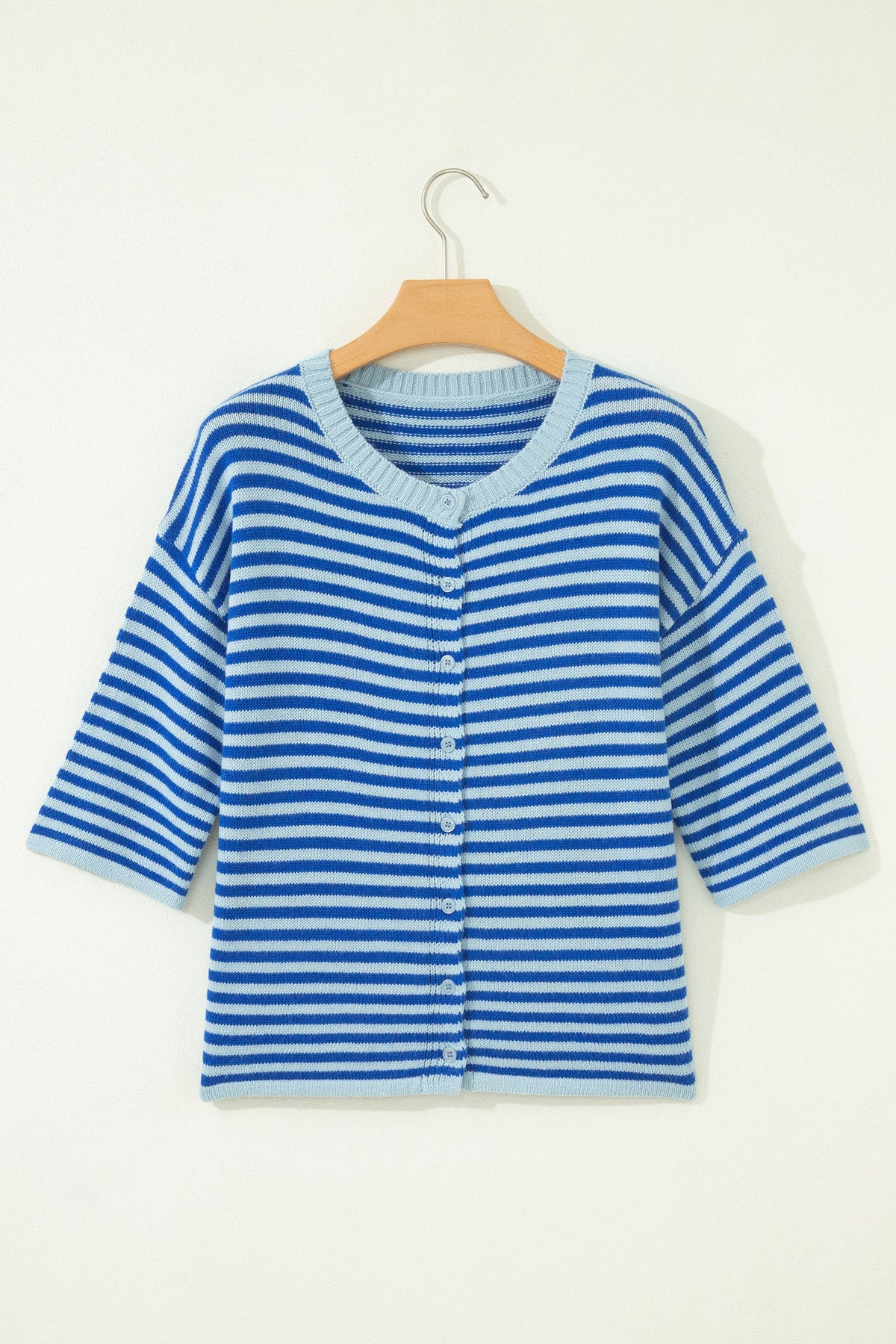 Stripe 3/4 Sleeve Button Down Knit Cardigan
