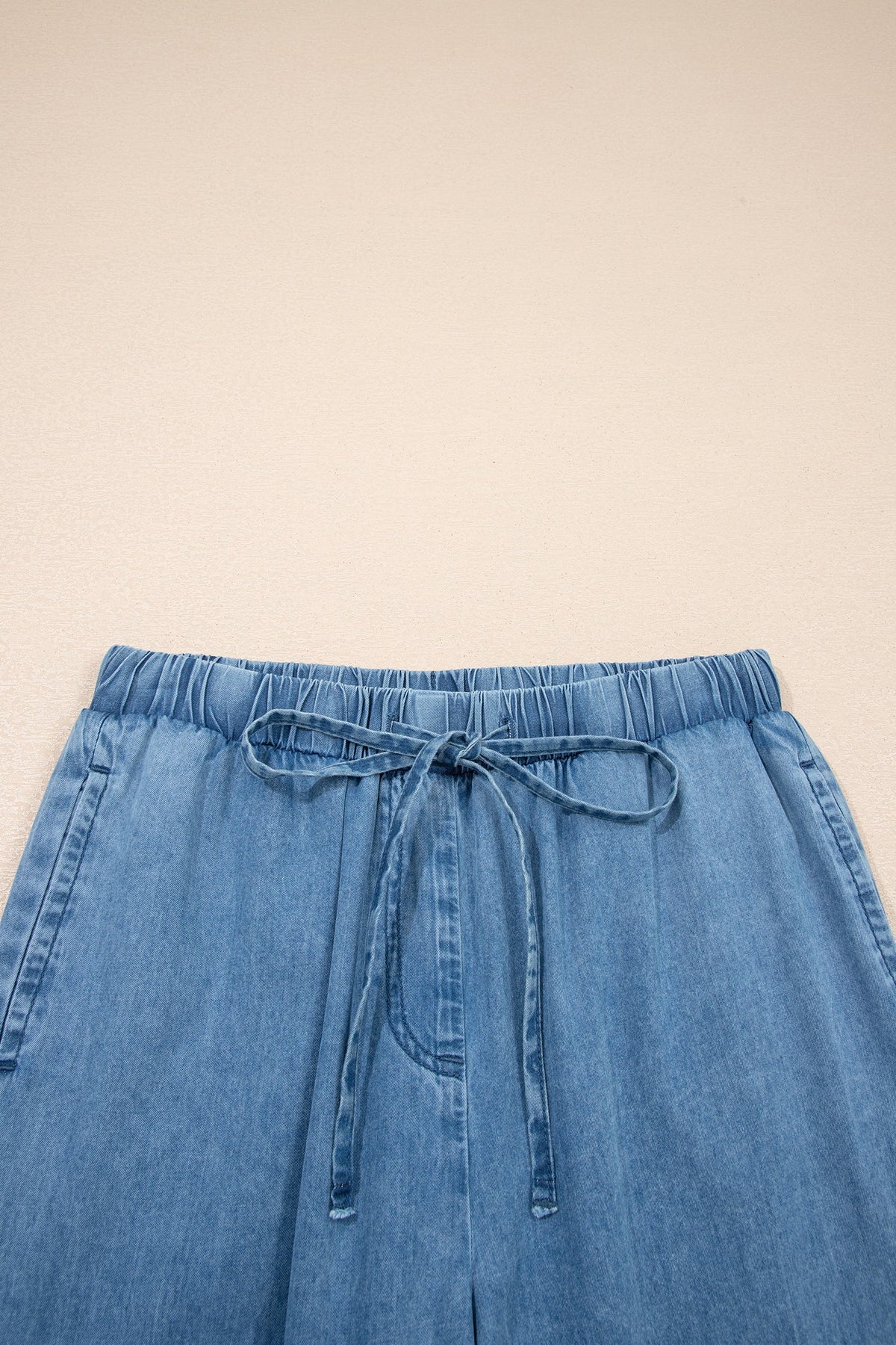 Denim Chambray Ruffle Hem Wide Leg Pants