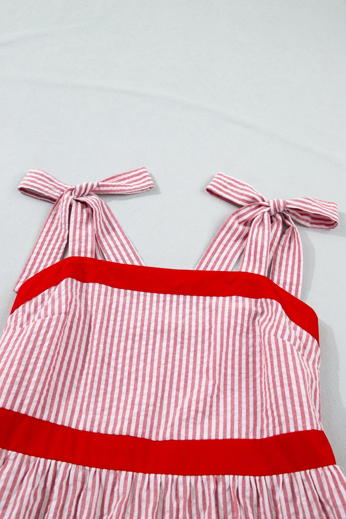 Stripe Bow Tie Straps Ruffle Hem Maxi Dress