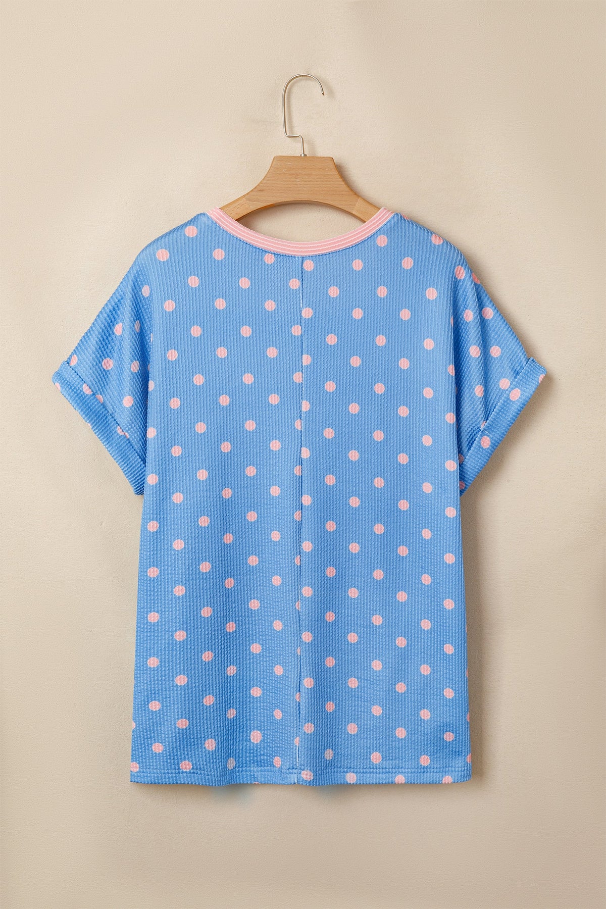 Polka Dot Raised Rib Cuffed Short Sleeve Top